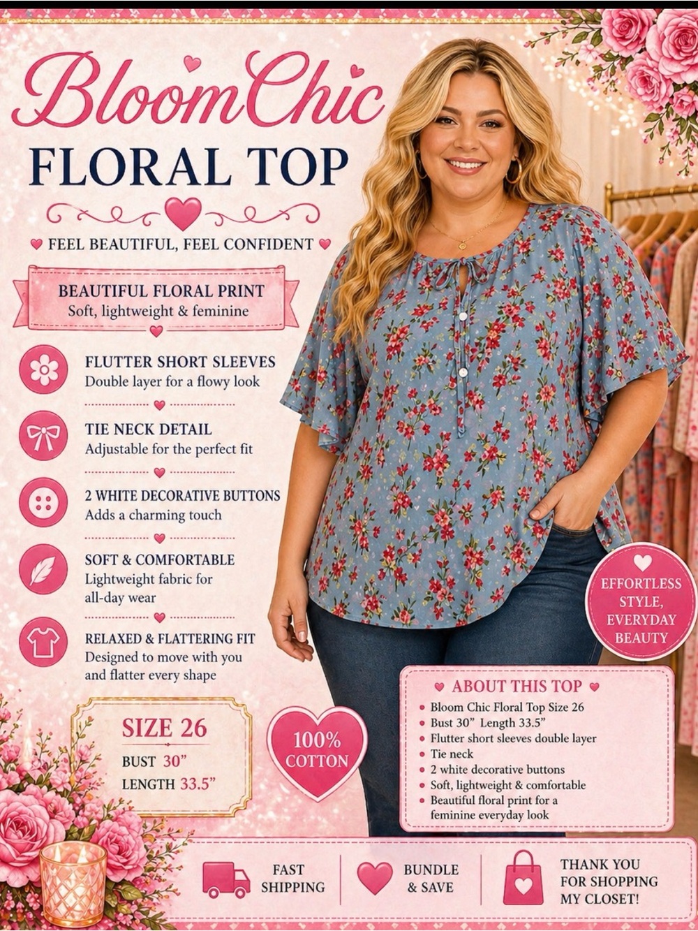 Bloom Chic Floral Top Size 26 Bust 30” Length 33.5”